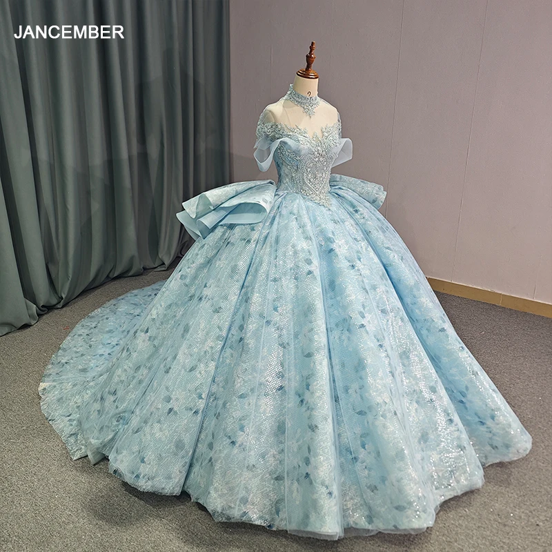 Sky Blue Ball Gown Quinceanera Dresses Party Ruffles High Neck 16 Birthday Princess Gowns vestidos de quinceañera DY1221