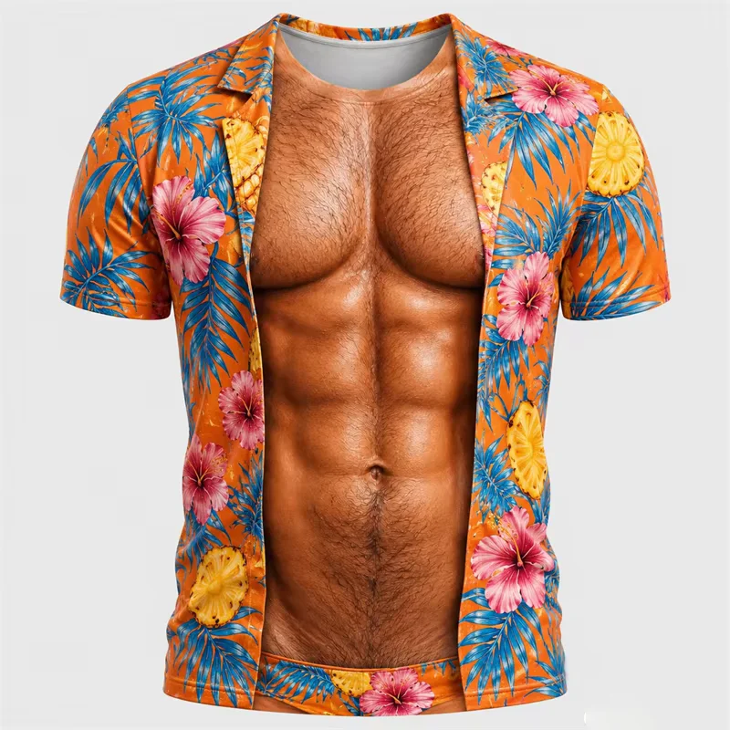 Optical Illusion Fake Muscle 3D Print Tee Unisex Short Sleeve Crew Neck Funny Graphic Tee Casual Holiday Beach Party Daily Wear