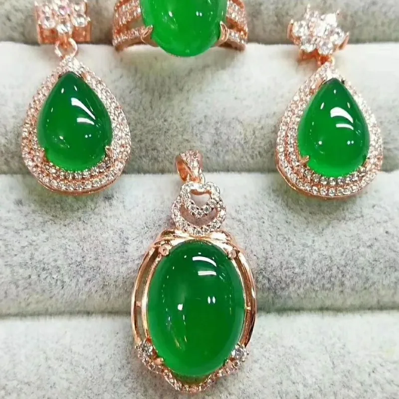 Emerald Chalcedony Inlaid Three-piece Necklace, Earrings, Ring Set for Women