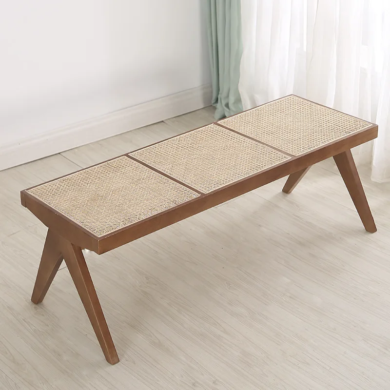 

#Solid Wood Nordic Rattan Wabi-Sabi Style Modern High Dining Stool & Bench Ottoman Log Color Long for Living Room Restaurant