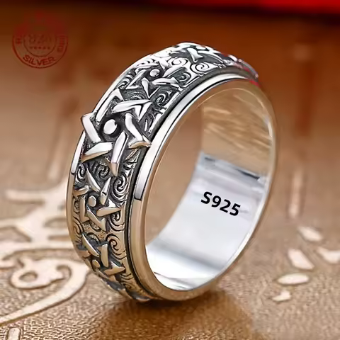 Rotatable S925 Sterling Silver Ring for Men Vintage Retro Stars Auspicious Cloud Couple Band Women Index Finger Accessories