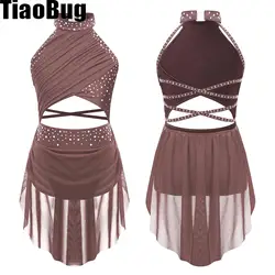 Kids Girls Lyrical Dance Leotard Dress Glittery Rhinestone Cutout Backless Strappy Leotard Sheer Mesh Overlay Performance Dress