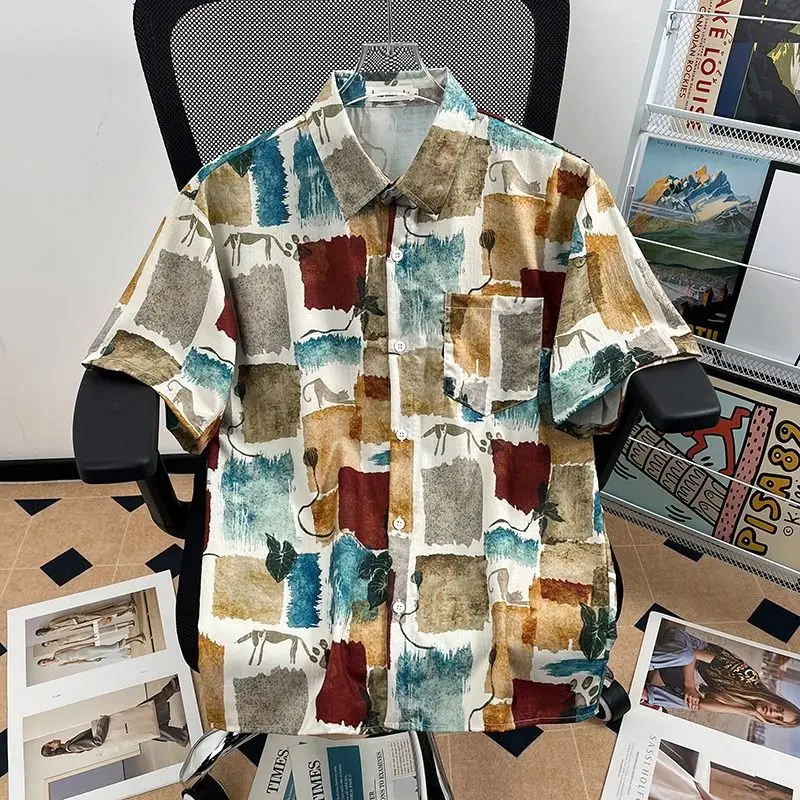 German Style Vintage Hawaiian Shirt Bkpp Floral Short Sleeve Folded Cuff Yuppie Top for Men And Women