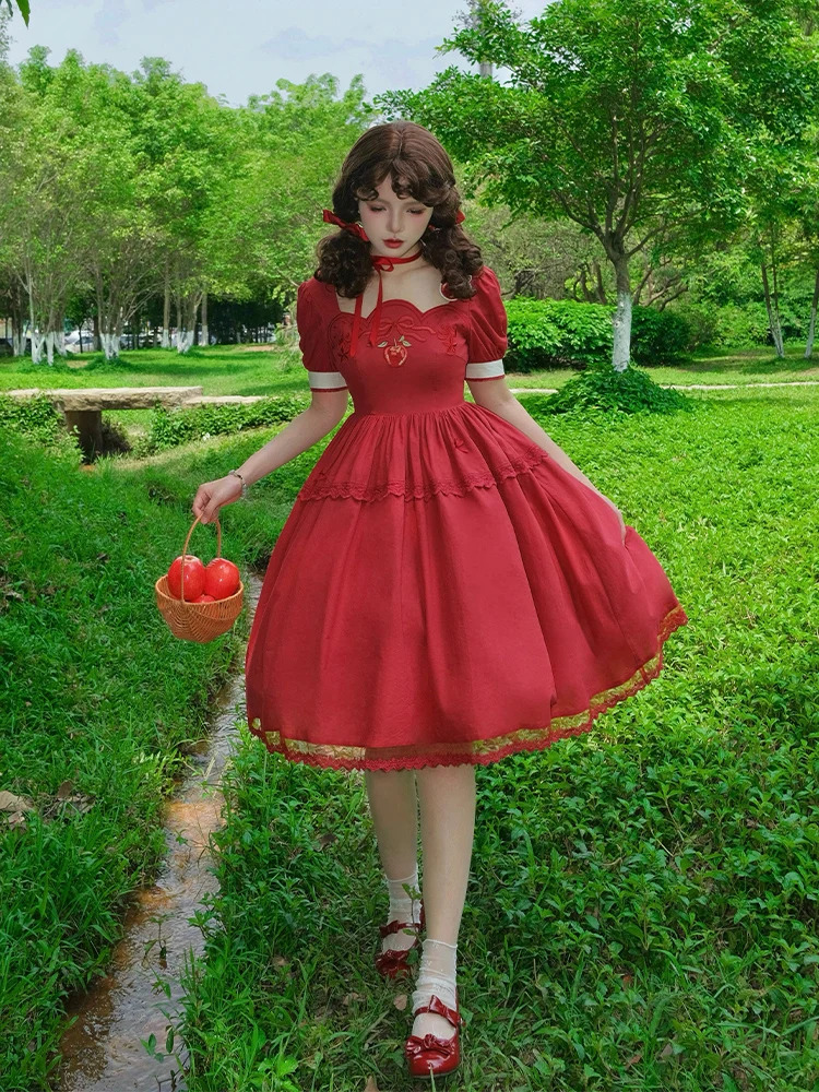 Vestido de princesa con bordado de manzana roja para mujer, diseño Original japonés, Lolita Op, fiesta de té, campiña de la Cla, Harajuku, Verano