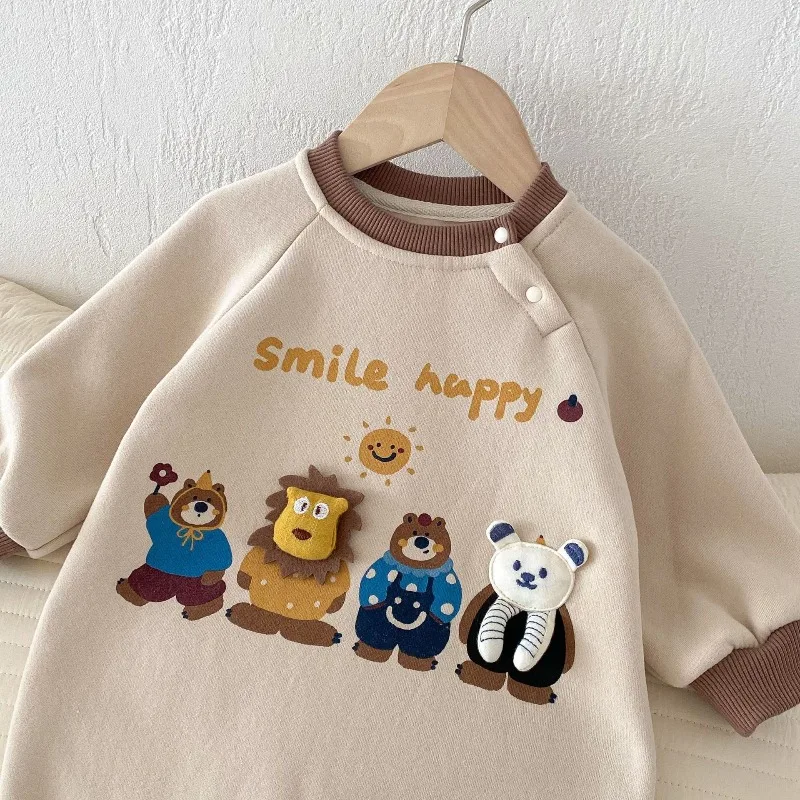 New Cute Newborn Baby Jumpsuit Animal Cartoon Long Sleeve Round Neck Thickened Crawl Clothes Suitable for Boys Girls