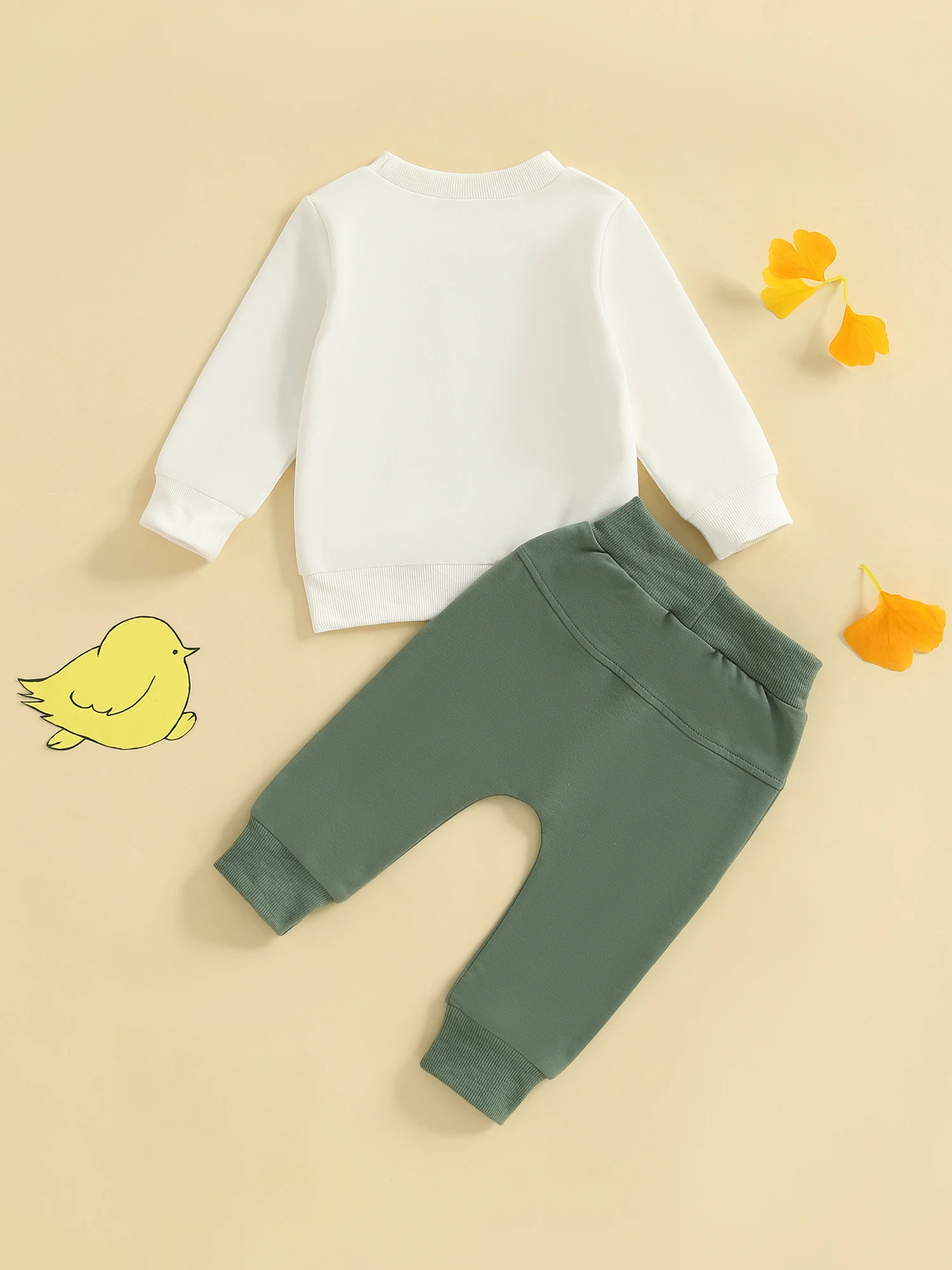 

Infant Boys Autumn Ensemble Featuring Adorable Chick Print Top and Bow-Accented Pants with Pocket - 2 Piece Set