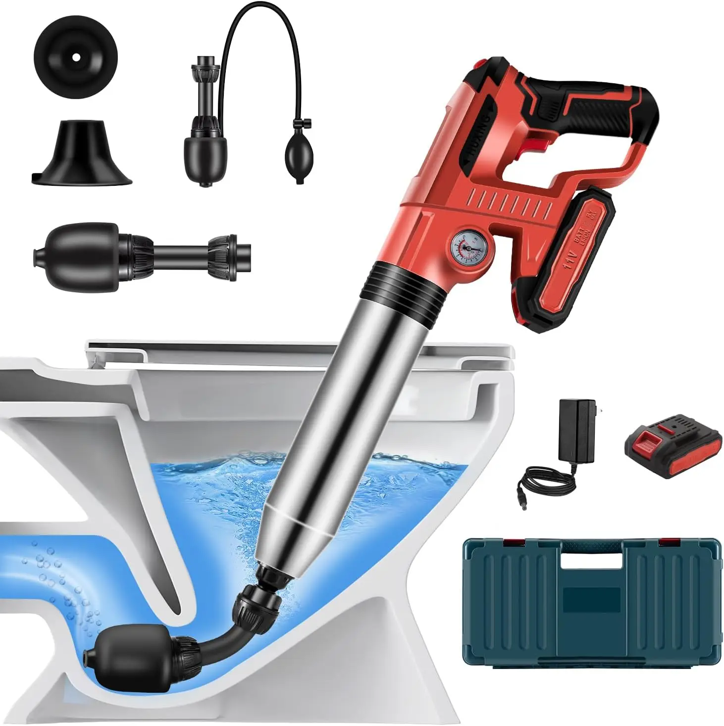 

Electric Toilet Plunger, High Pressure Drain Clog Remover Tool for Bathroom Floor Sewer Pipe, Rechargeable Cordless, Red
