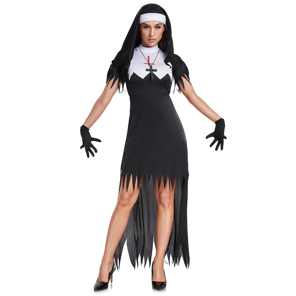 Freira Halloween Cosplay Fantasia, Preto, Medo, Irmã pecaminosa Trajes, Vampiro Demônio, Vestido extravagante