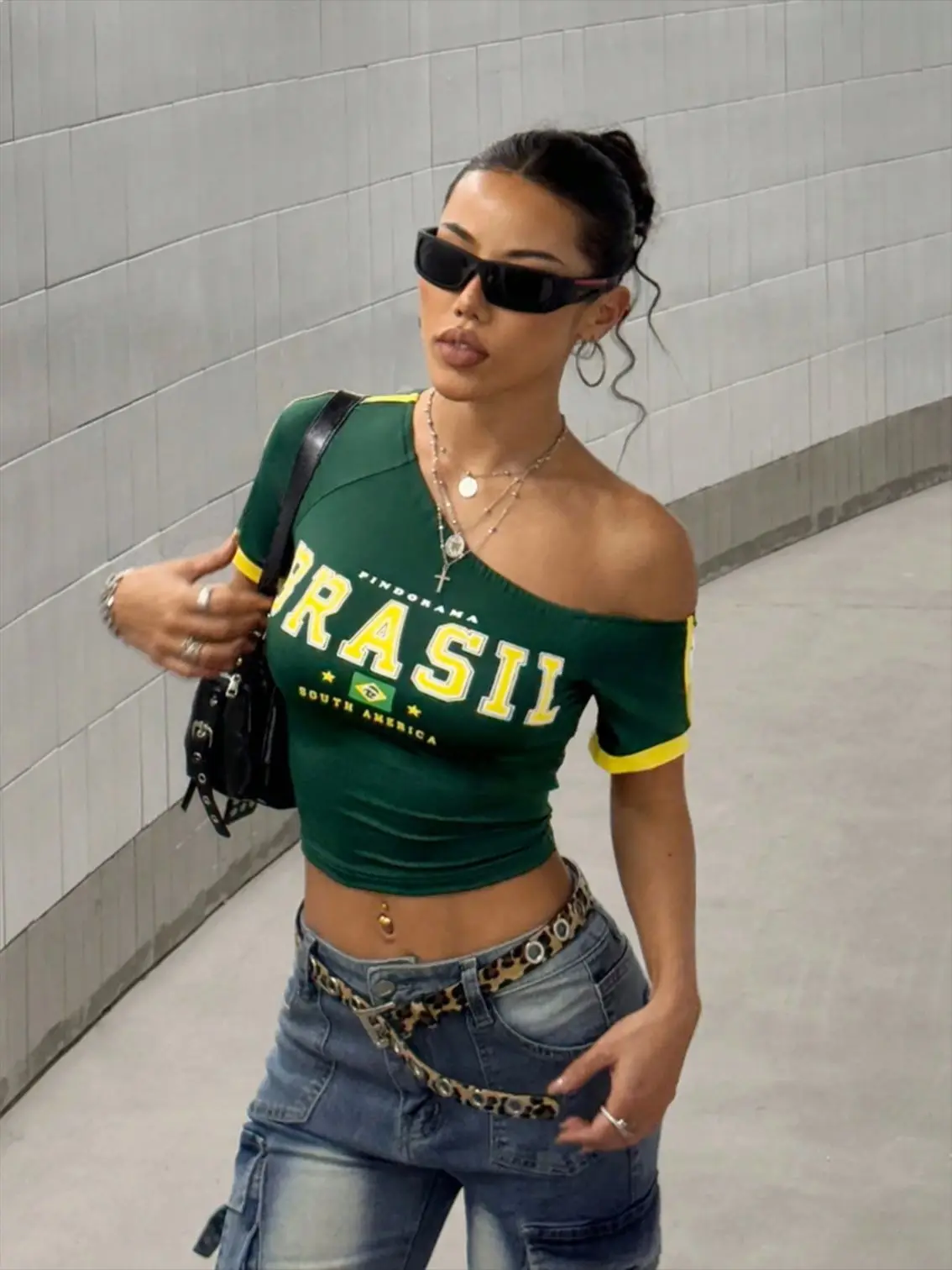 Y2K Aesthetics Women BRASIL Letter Crop Tee One Shoulder Off Shoulder Short Sleeve Color Block Brazil Flag Print Streetwear Tops