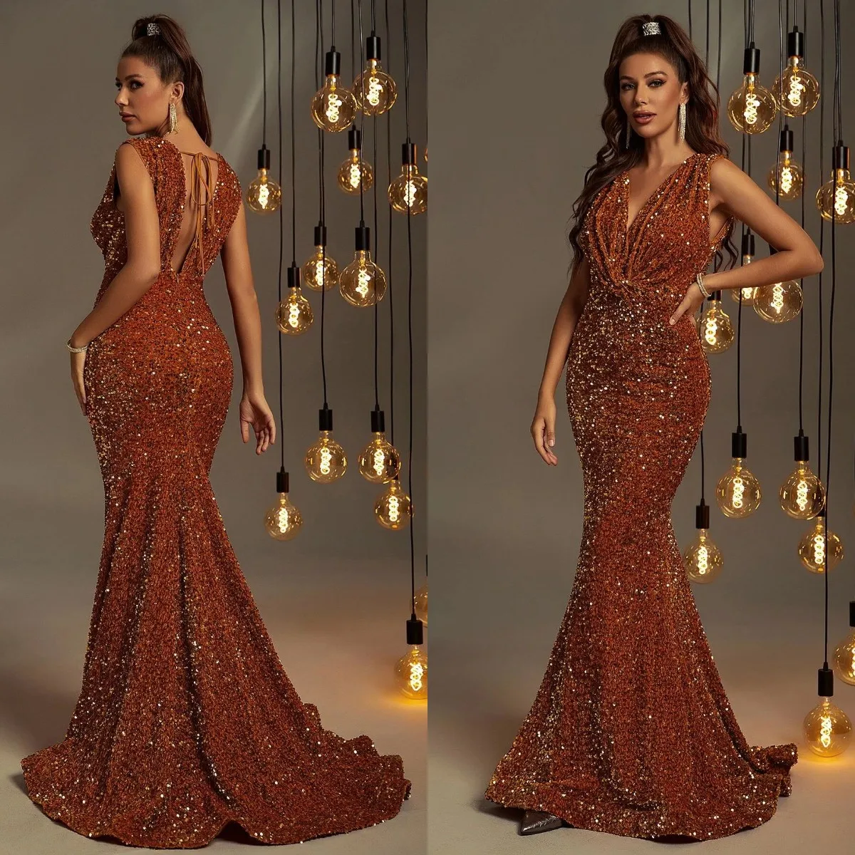 

Plunging Neck Mermaid Hem Sequin Prom Dresses Floor Length Women Maxi Gown Evening Dress Ladies Party vestido de novia
