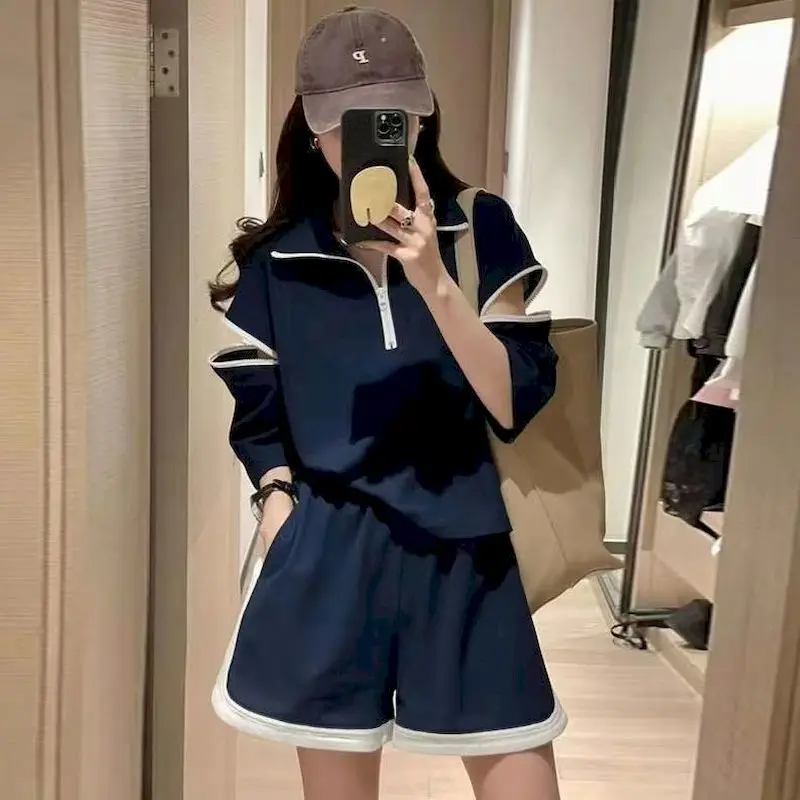 Fashion Casual Sports Sets Women Half Zip Stand Collar Off Shoulder T Shirt and Wide Leg Shorts Design Sense 2 Piece Set Summer