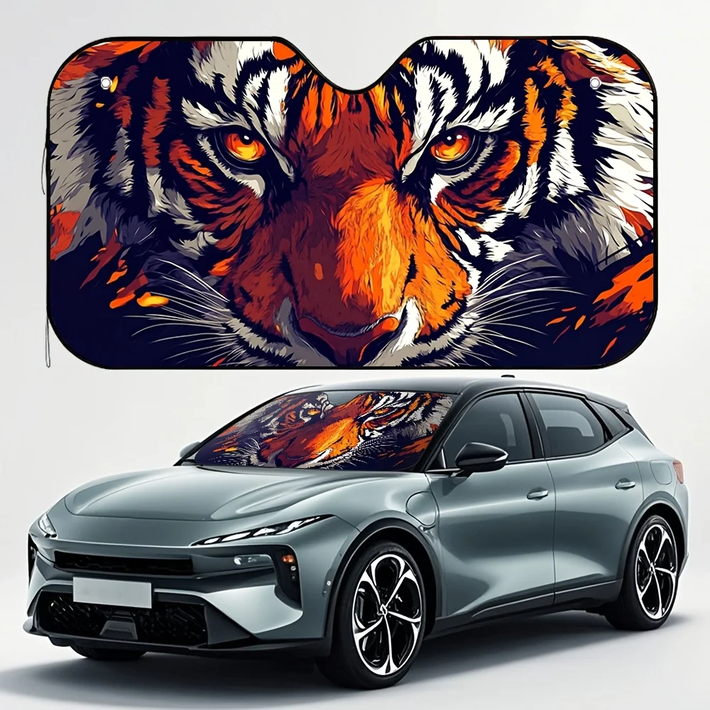 

1pc Fashionable Tiger Eye Printed Windshield Sunshade - White With Orange Tiger Design, 4 Suction Cups, Foldable & Easy Install