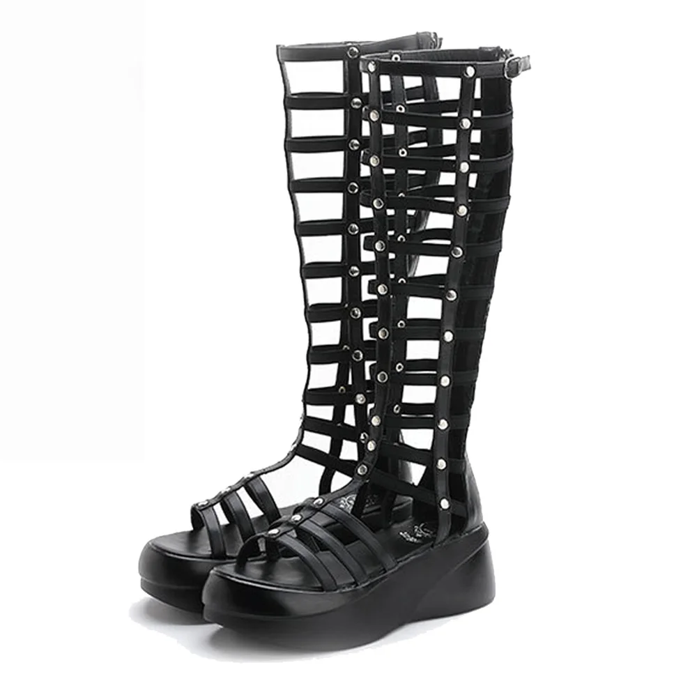 

Belt Buckle Long Barrel Roman Knee High Boots Summer Hollow Out Rivet Slimming High Heel Zippered Women Modern Sandals Platform