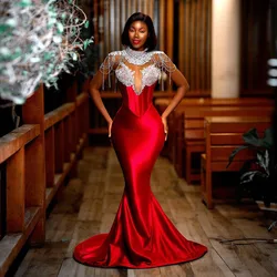 Gorgeous Dark Red Aso ebi Prom Dresses 2024 Luxury Beaded Tassels Mermaid Wedding Reception Dress African Evening Party Dress