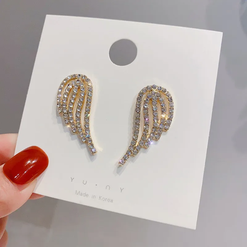 Angel Wings Full Crystal Rhinestone Golden Hollow Feather Stud Earring for Women Temperament Jewelry Christmas Girlfriend Gift