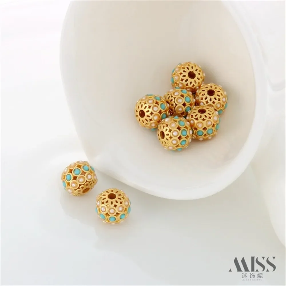 18K الذهب حقيبة اللون ماتي الذهب مطعمة الفيروز اللؤلؤ الجوف حبة نقل حبة سوار ذاتي الصنع قلادة مجوهرات اكسسوارات