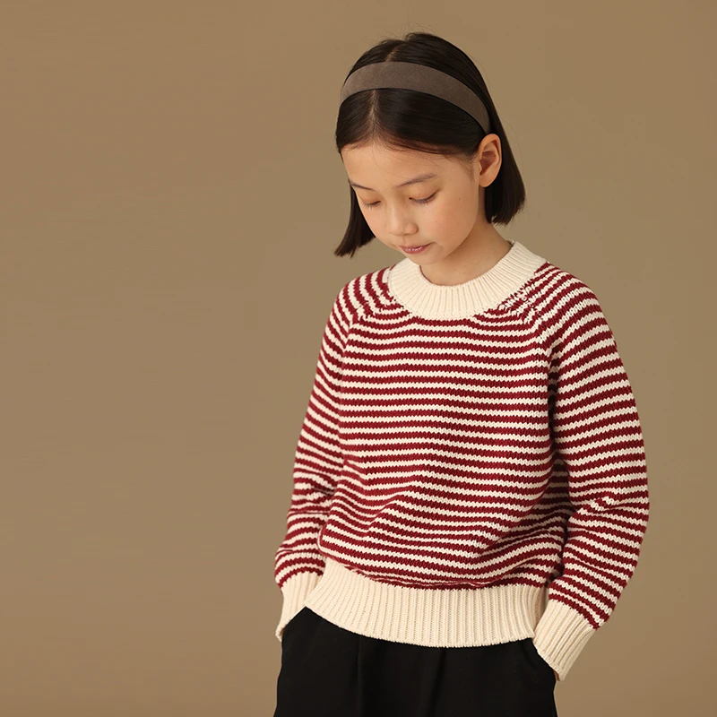 

Children clothes Girl clothes sweater Knitwear 24 autumn new age-reducing lazy style contrast striped sweater baby knitted top