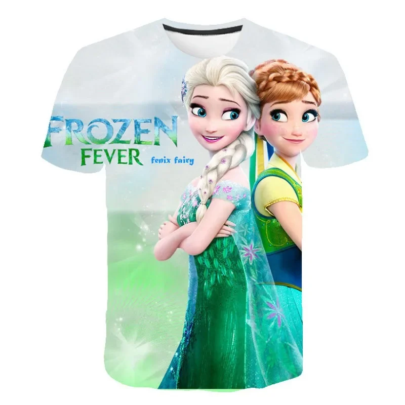2024 New Summer Disney Frozen 3d Print T-Shirt Anna Elsa Printing Girls Tops Frozen Snow Queen Anna Elsa Cartoon Print Shirts