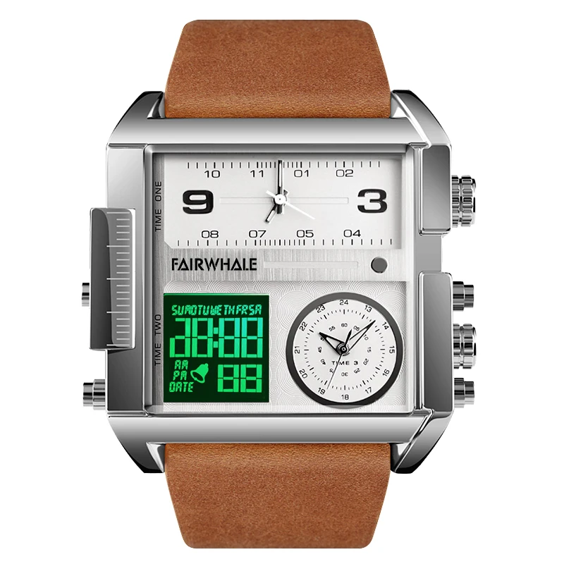 Mark Fairwhale Men Digital Watch Sport Square Fashion Watches Quartz Wristwatch Luminous Leather Strap Dual Display 24 Hours