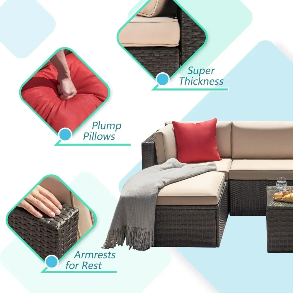 5 Piece Patio Furniture Set Wicker Outdoor Sectional Sofa with Thick Cushions & Tempered Glass Table Patio Couch