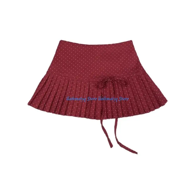 573B สตรีสูงเอวโรงเรียน Flared Casual Mini Skater กระโปรง Dot พิมพ์หวาน Bows สายจีบกระโปรงสั้น Undershort