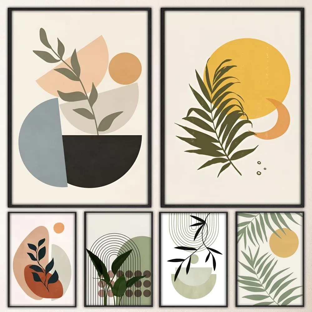 Modern Green Plants Leaf Sun Poster Fancy Wall Sticker for Living Room Bar Vintage Decorative Painting Middle