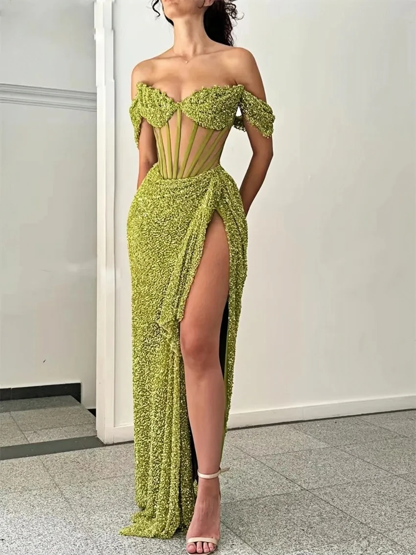 

Sparkly Off Shoulder Prom Dresses Long with High Slit Mermaid Sequin Dress for Women Wedding Party Formal Gowns