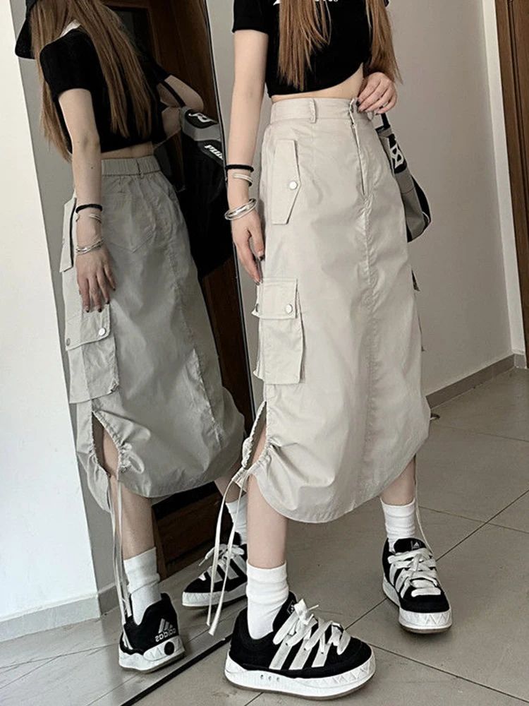 Zoki American Retro Streetwear Cargo Skirt Women Fashion Slit Hip Hop Midi Skirts Summer High Waist Drawstring Pockets Skirt New