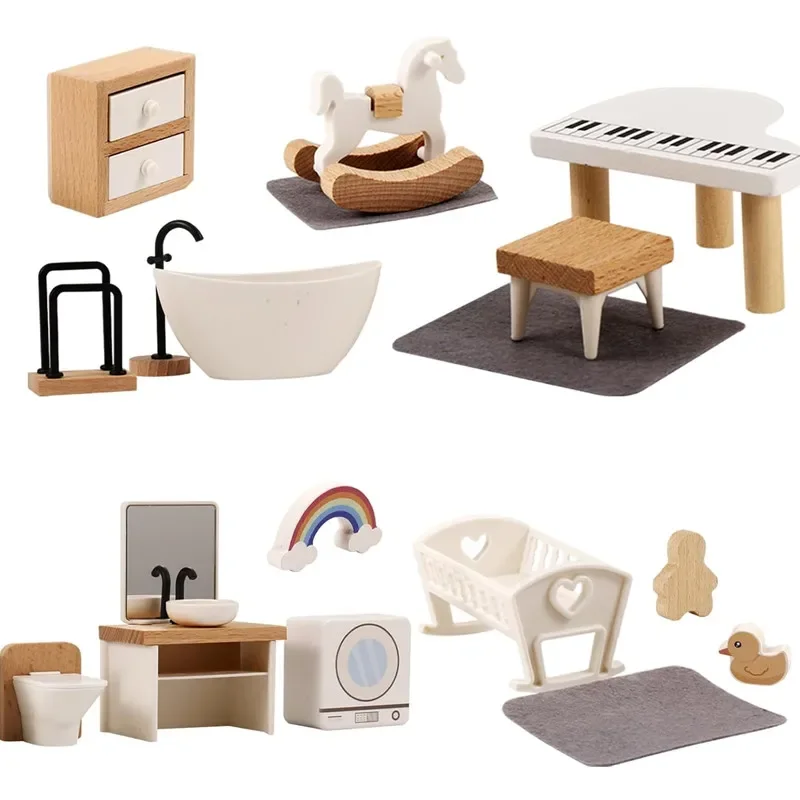 Wooden Dollhouse Furniture Set Mini Nordic Style Home Décor Accessories Pretend Play Miniature House Kit for Toddlers
