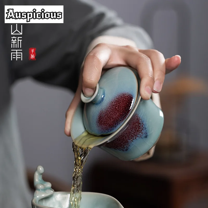 180ml Handmade Longquan Celadon Gaiwan Jun Kiln Kung Fu Tea Cover Bowl Tea Tureen Tea Making Cover Bowl Chinese Tea Set Ornament