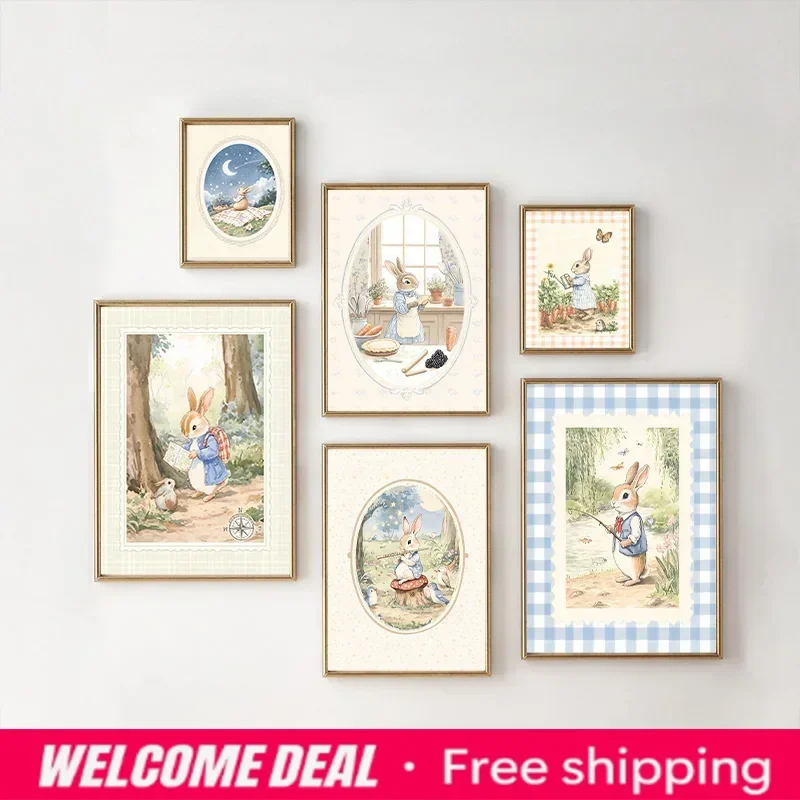 Vintage Boho Blue Plaid Rabbit Inspired Art Poster Baby Room Bedroom Nursery Field Animal Decorative Canvas Painting