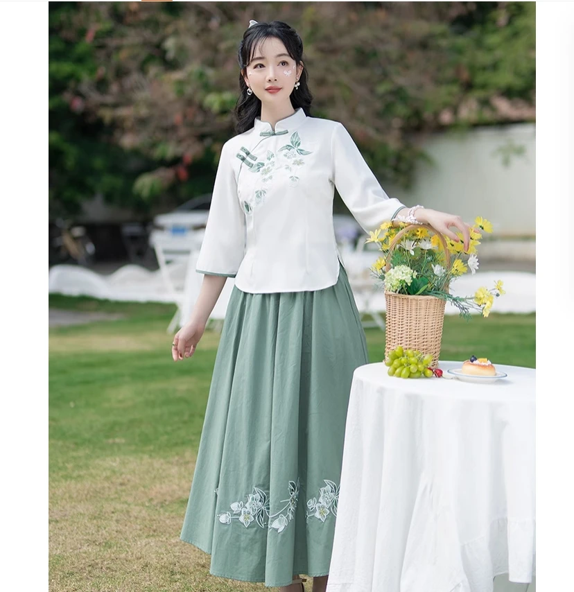 Fivela bordada melhorada cheongsam top, novo estilo chinês estudante hanfu algodão e linho conjunto saia feminina