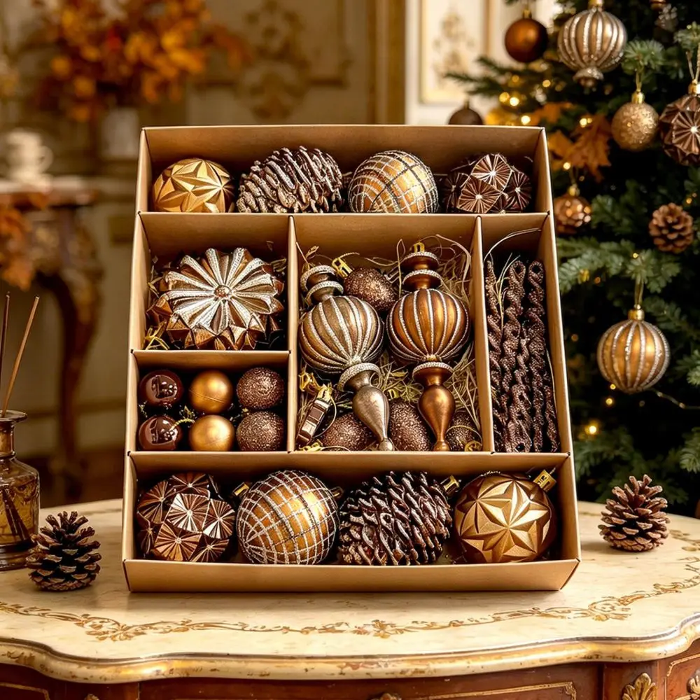 Christmas Hanging Ornament Set Brown Forest Harvest Theme Owl Pine Cone Painted Balls Festive Home Decoration
