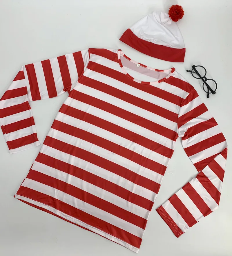 Cartoon Wheres Waldo Striped Shirt Youth Boys Wally Costume Shirt Glasses and Hat Socks Unisex Adults Carnival Cosplay Costume view 4