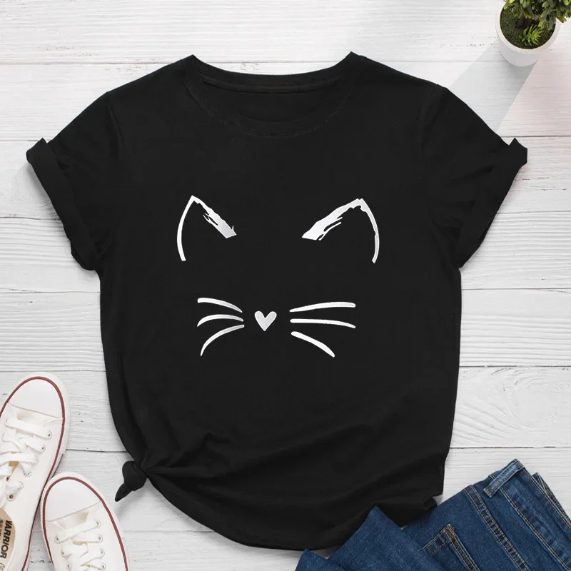 Cat Face Print Women T Shirt Short Sleeve O Neck High Quality Cotton Kawaii Clothes Casual Style Funny Tshits Factory Delivery