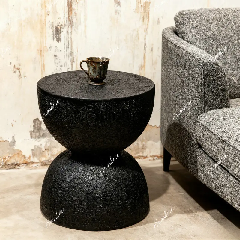 Black household round coffee table, imitation solid wood hourglass edge table, imitation tree stump carbonized tea table