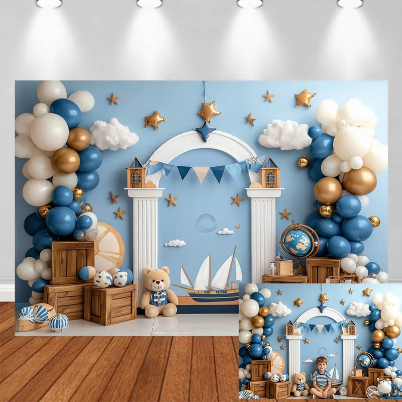 LS Photography Background Naval Sailboat Balloon Decor Birthday Baby Shower Cake Smash Kids Portrait Photo Backdrop Studio