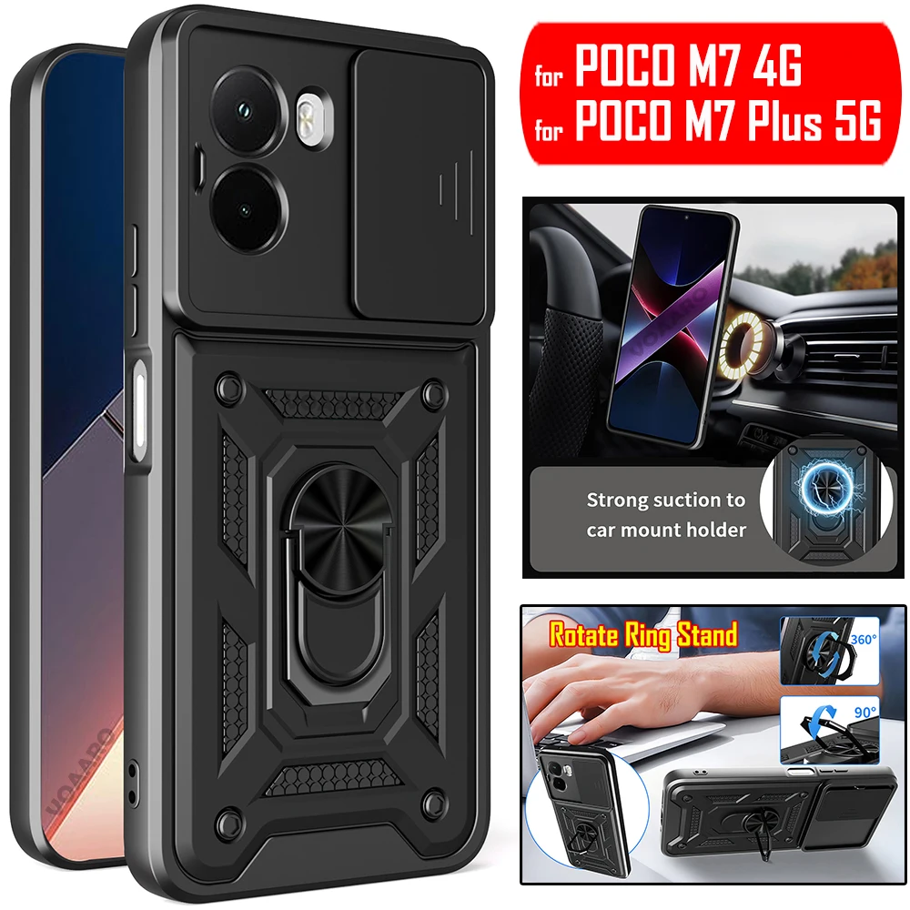 

Slide Lens Armor Funda for Xiaomi POCO M7 4G Case for POCO M7 Plus 5G Case Magnetic Ring Stand Holder Cover Shockproof Capa