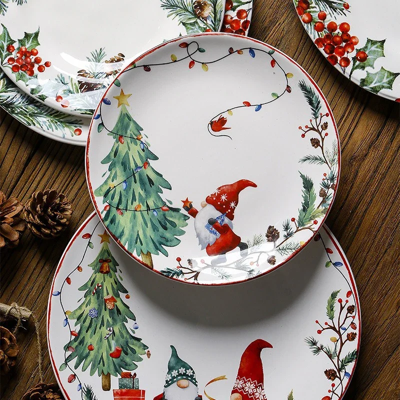 Christmas Ceramic Dinner Santa christmas tree Round Plate Dessert Dish Flat Dinner Plate Easy To Clean Home Snack Western Plates