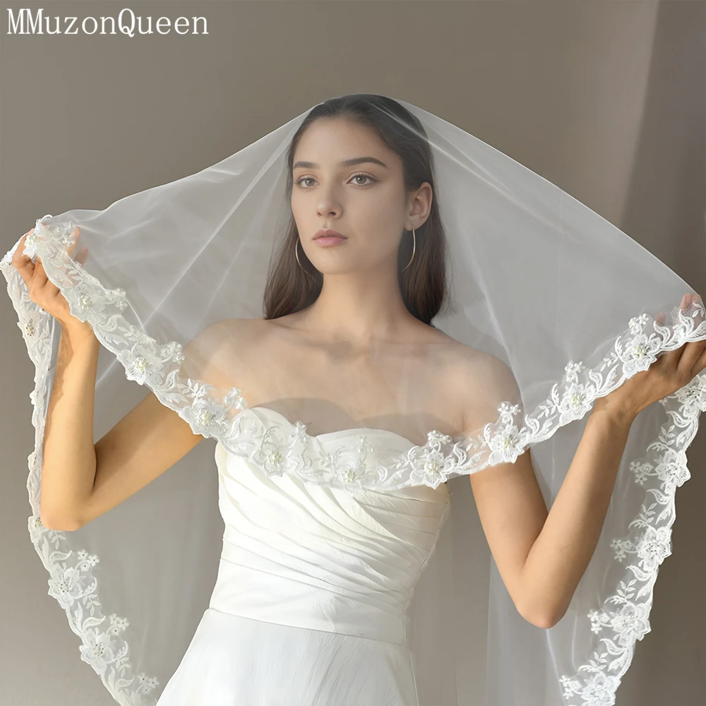 MMQ Classic Lace Edge Bridal Veil Delicate Luxury Fingertip Long Face Covering Wedding Accessory M50