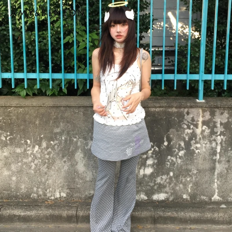 

Vintage Gray Polka Dot Striped Print Casual Flared Women's Long Pants Spring Autumn Versatile Fake Two-Piece Skirt Pants ladies