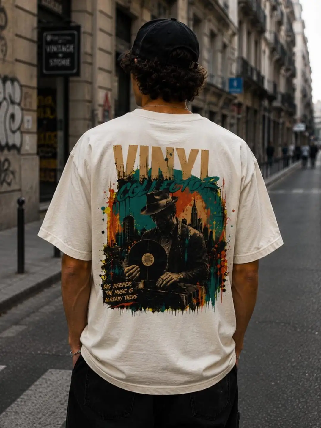 Daily Casual Fashion Vinyl Collector - Urban Frequency Oversized Patterned Back Print T-shirt, Suitable for Both Men and Women