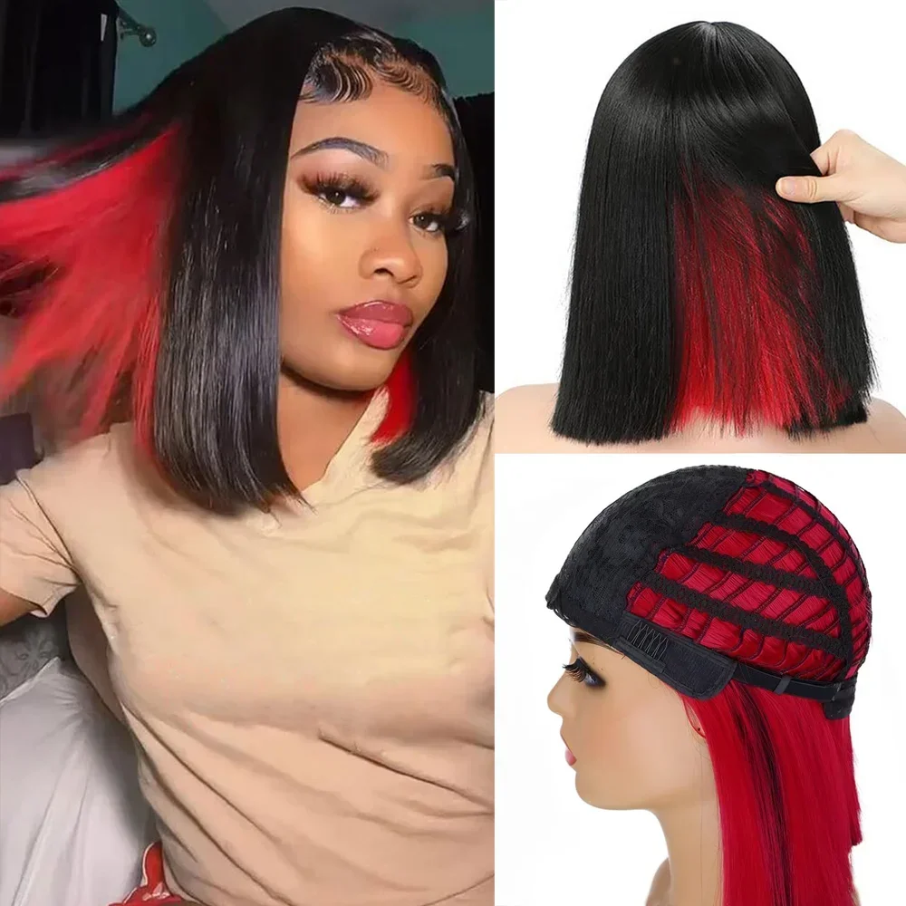 أسود مختلط الوردي قصير بوب الباروكات الاصطناعية مع الانفجارات الظلام مستقيم تأثيري اليومية شعر مستعار طبيعي للنساء استخدام مقاومة للحرارة