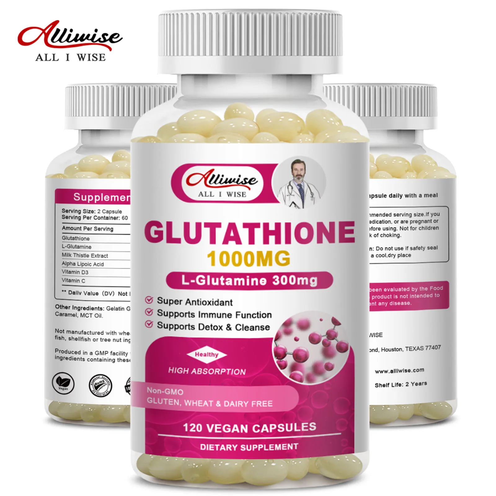

Alliwise Quality Glutathione Supplements - Supports Recycling of Vitamins C & E Non-GMO - Gluten Free Vegan