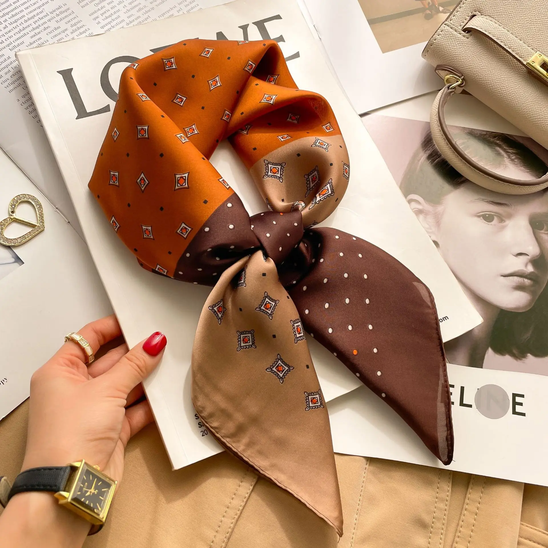 2025 Luxury Fashion Print 70*70cm Silk Square Scarf Women Soft Satin Hairband Neckerchief Tie Female Headband Foulard Bag Ribbon