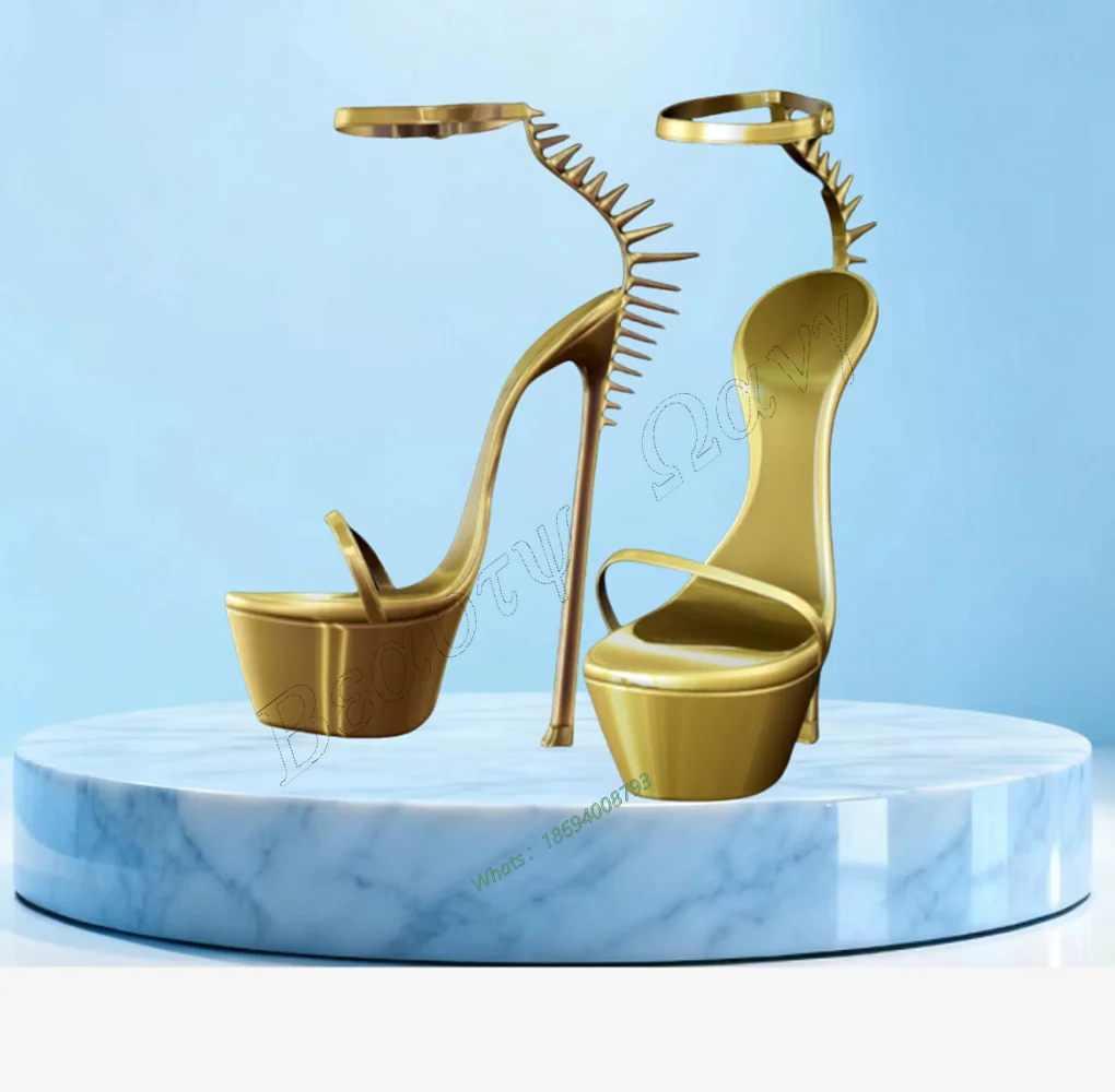 

Gold Black Back Rivet Decor Platform Heels Sandals Ankle Buck Thin High Spike Heel Shoes Women Shoes New Zapatos Para Mujere