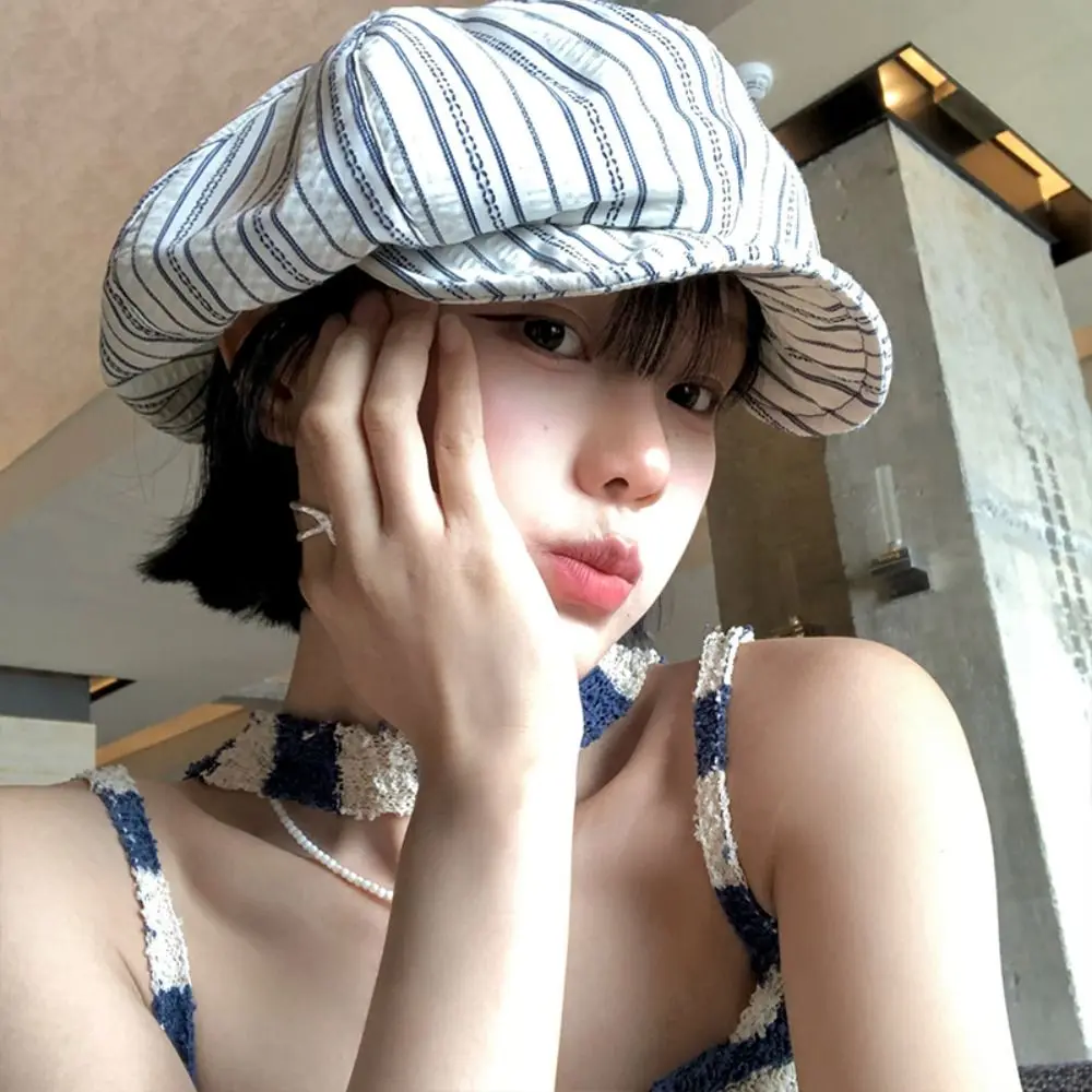 

New Spring Summer Striped Berets Thin Sunscreen Octagonal Hat Casual Y2k Painter Caps Outdoor