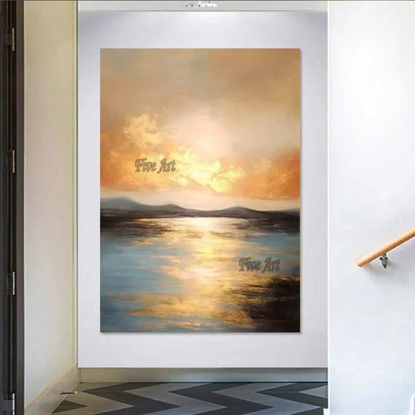 Sunset Abstract Landscape Oil Painting, Gold Foil Home Decoration Luxury, Wall Pictures For Living Room, Modern Art Canvas