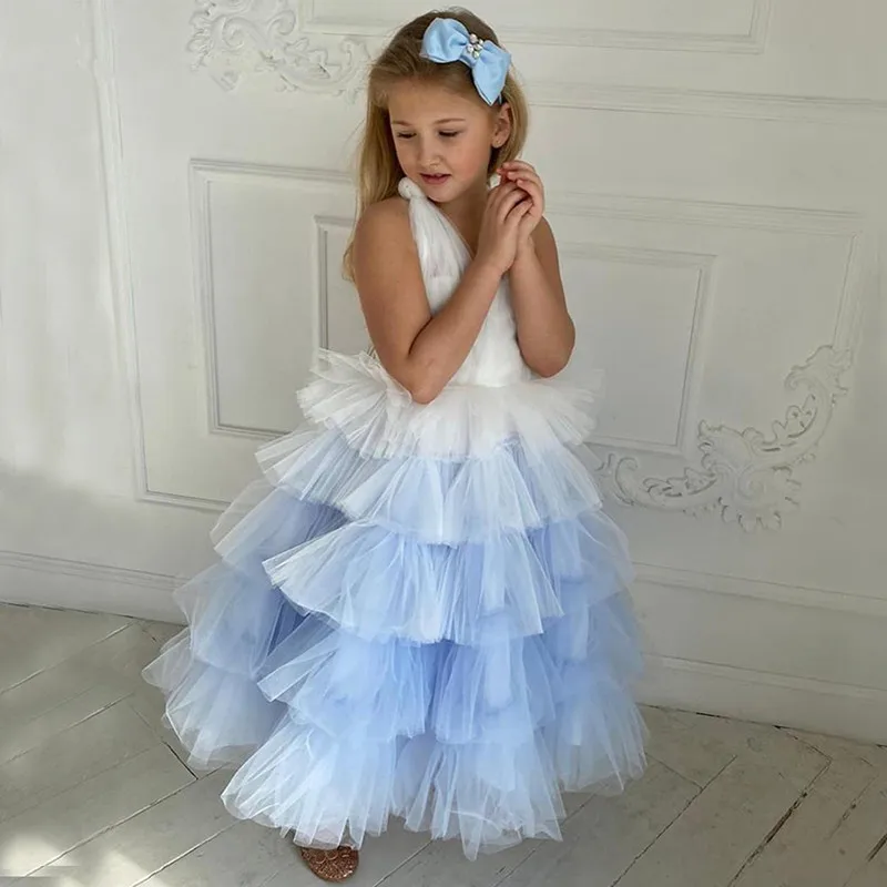 Robes de filles à fleurs dégradées pour mariage, couches de Tulle à volants, bretelles de soirée pour enfants, robes de princesse d'anniversaire de célébrité