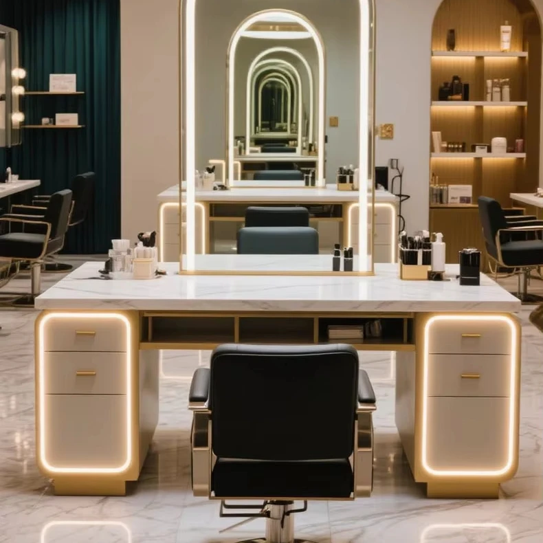 High - End Luxury Barbershop Double - Sided LED Mirror Workbench, Double - Sided Vanity Table Design Customized For Hair Salons